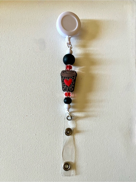 Onyx Collective Other - Heart Coffee/Tea Beaded Badge Reel - w/Sparkly beads and Animal Print